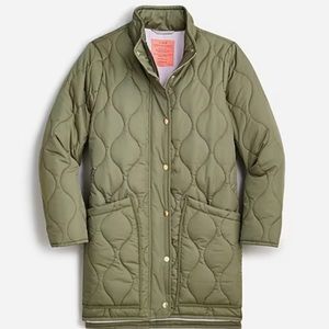 J. CREW Signature Featherless Quilted Long Puffer Jacket, Olive Green, Sz Med